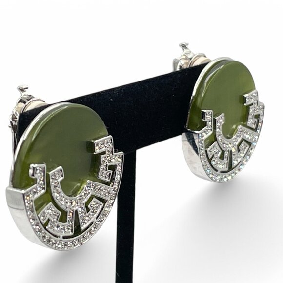Vintage BUTLER 5th Ave Jade Glass & Pave Rhinestone Silver Tone Clip on Earrings - Picture 2 of 10